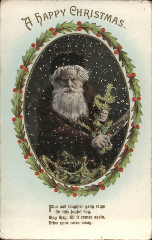 A Happy Christmas Santa Claus with Evergreen Branch, Holly & Snow