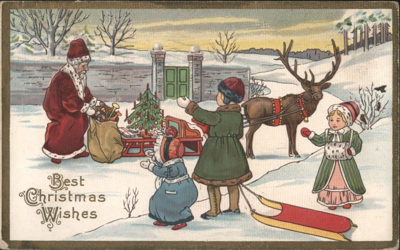 Santa Claus with Reindeer, Sleigh, and Children in Snowy Christmas Scene