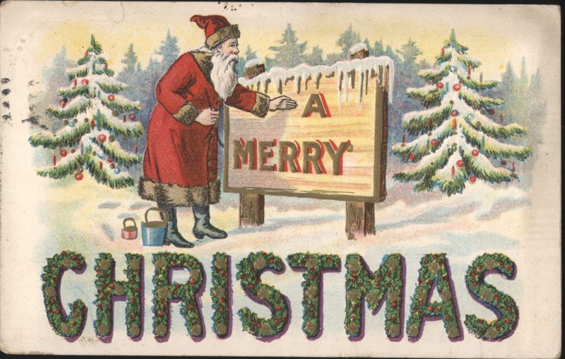 Santa Claus in Snowy Forest with A Merry Christmas Sign