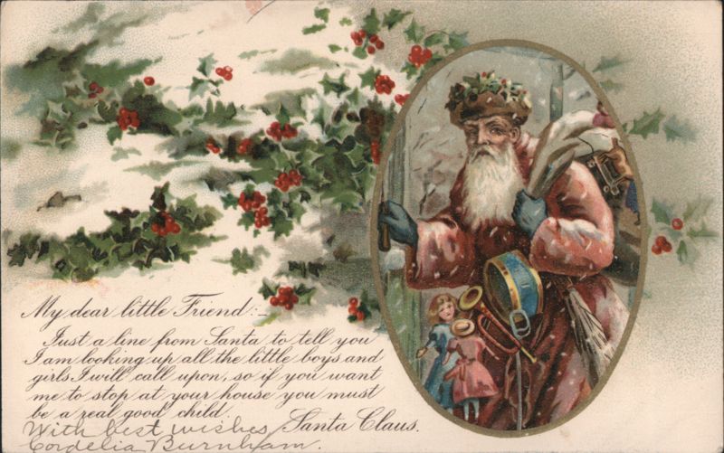 Santa Claus with Toys, Holly & Snow, Christmas Greeting