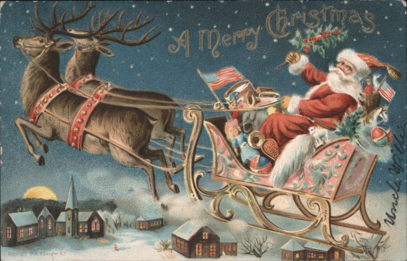 Santa Claus in Sleigh with Reindeer Flying Over Snowy Village