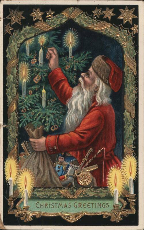 Santa Claus Decorating Christmas Tree with Candles and Toys, Christmas Greetings