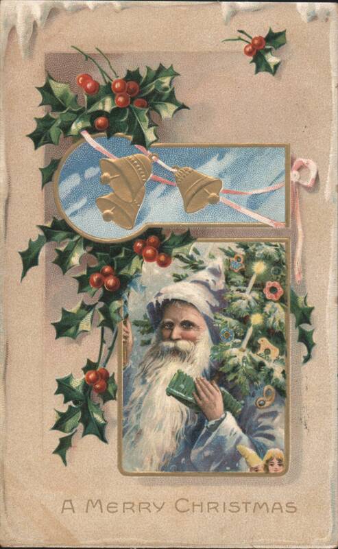 Santa Claus with Christmas Tree, Holly, Bells & Children