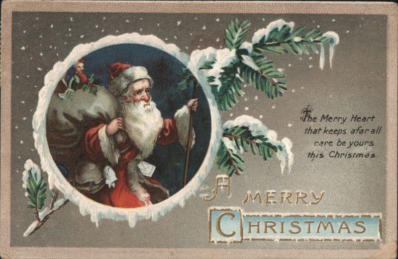 Santa Claus with Sack & Elf in Snowy Wreath, Merry Christmas Greeting