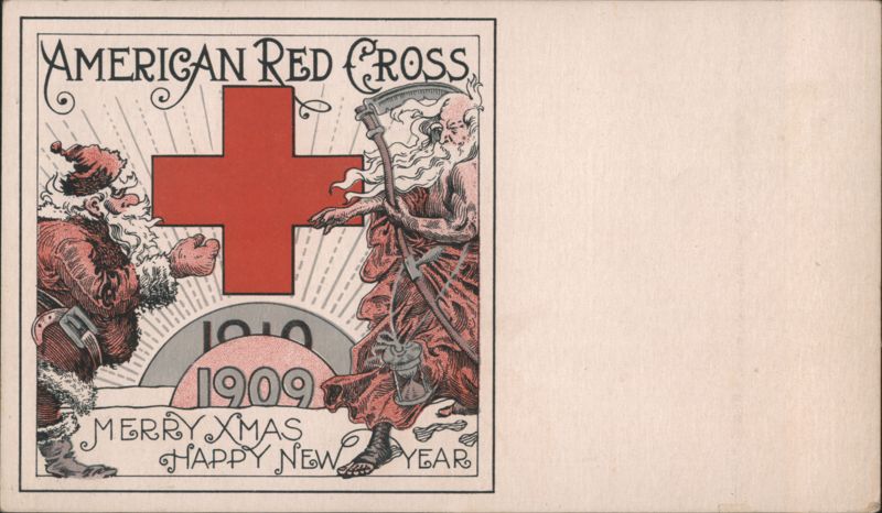 American Red Cross 1909 Christmas & New Year with Santa & Father Time