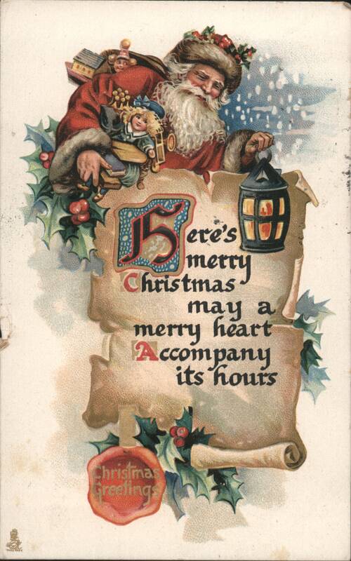 Santa Claus with Toys, Holly, and Christmas Greeting