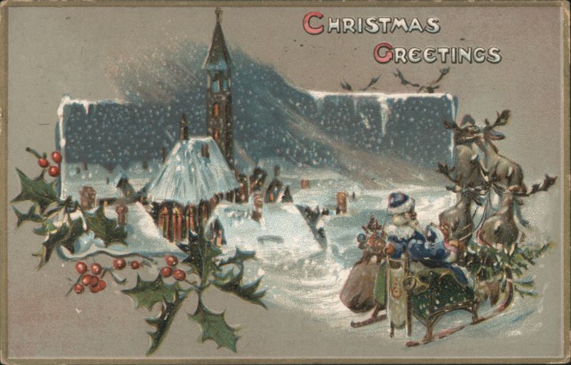 Santa Claus Sleigh Ride over Snowy Village, Christmas Greetings