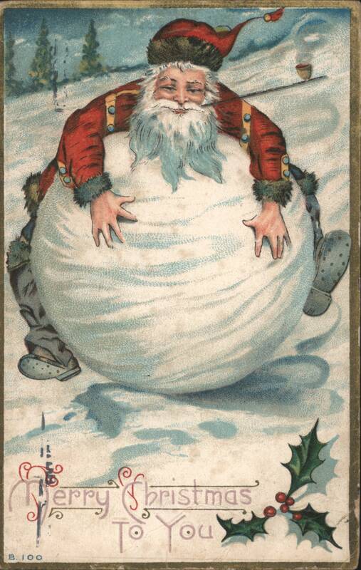 Santa Claus Pushing Large Snowball, Merry Christmas Greeting