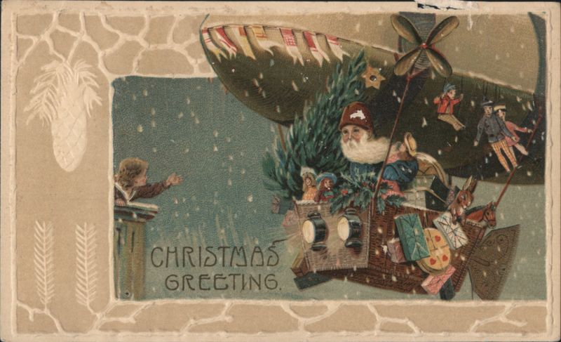Rare Santa Claus Flying Blimp Sleigh Christmas Greeting