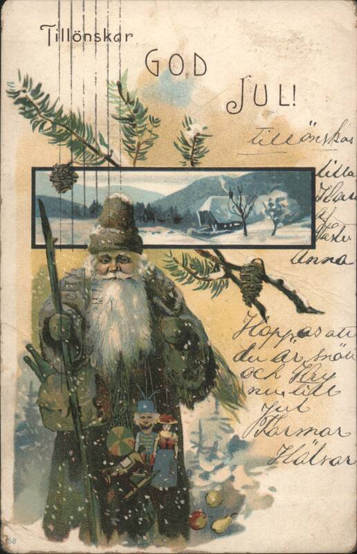 Santa Claus with Toys in Snowy Landscape, Swedish Christmas Greeting