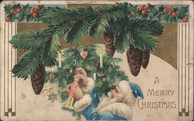 Santa Claus with Toy Soldier, Christmas Tree & Pine Boughs