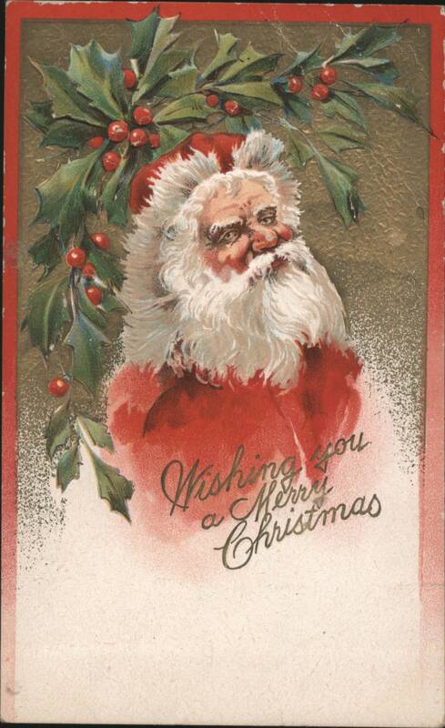 Santa Claus with Holly and Berries Wishing you a Merry Christmas