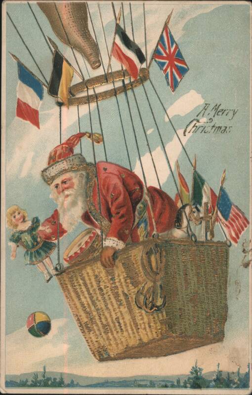Santa Claus in Hot Air Balloon with International Flags, Merry Christmas