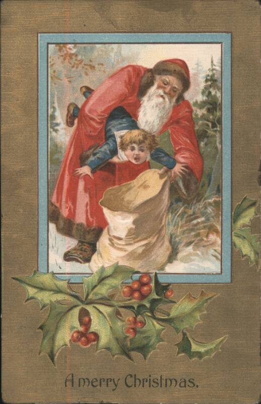 Santa Claus Pulling Child from Sack, A Merry Christmas