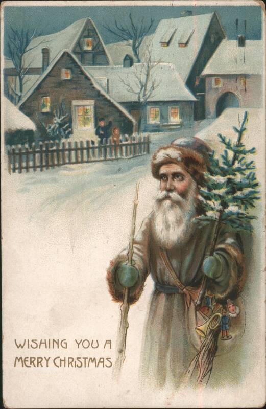 Santa Claus with Christmas Tree in Snowy Village
