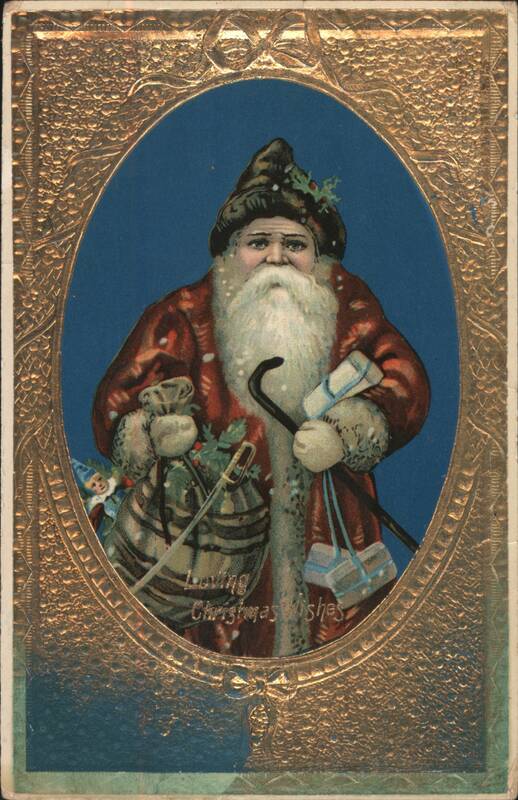 Santa Claus with Sack of Toys and Elf, Loving Christmas Wishes