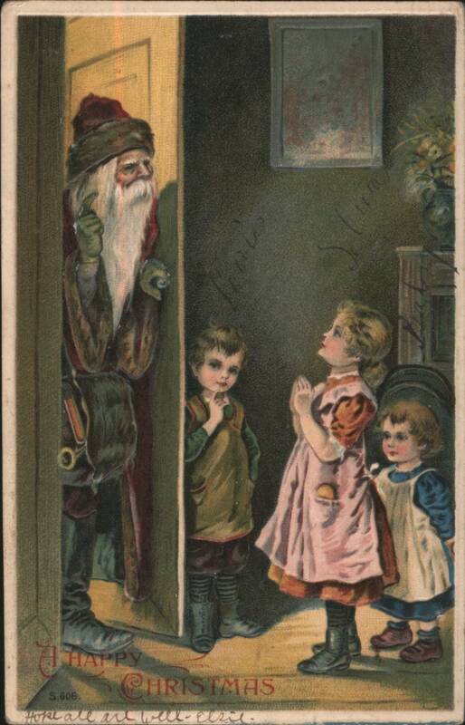 Santa Claus Peeking at Children on Christmas