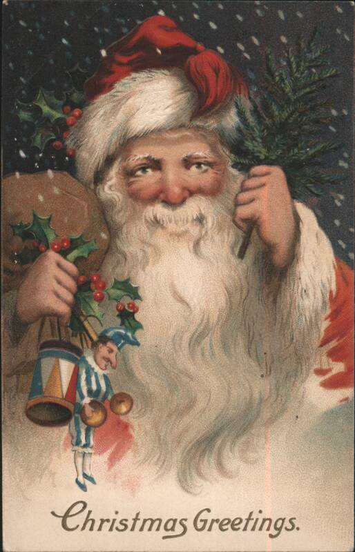 Santa Claus with Christmas Tree, Toys, and Elf, Christmas Greetings