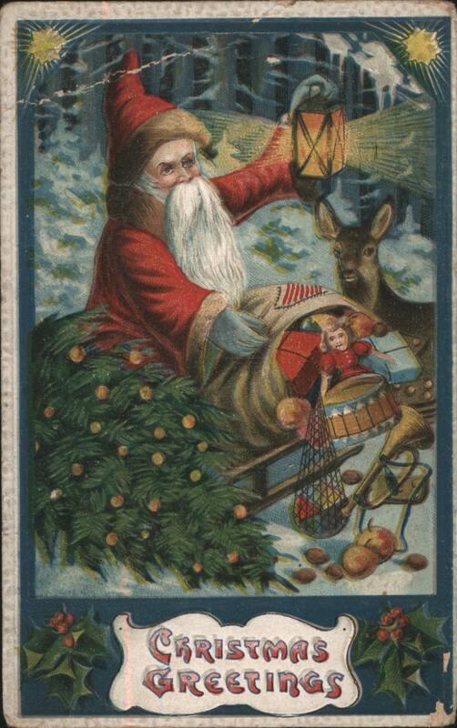 Christmas Greetings Santa Claus with Reindeer, Lantern & Tree