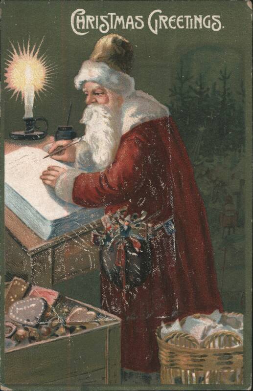 Santa Claus Writing Christmas Greetings by Candlelight at Desk