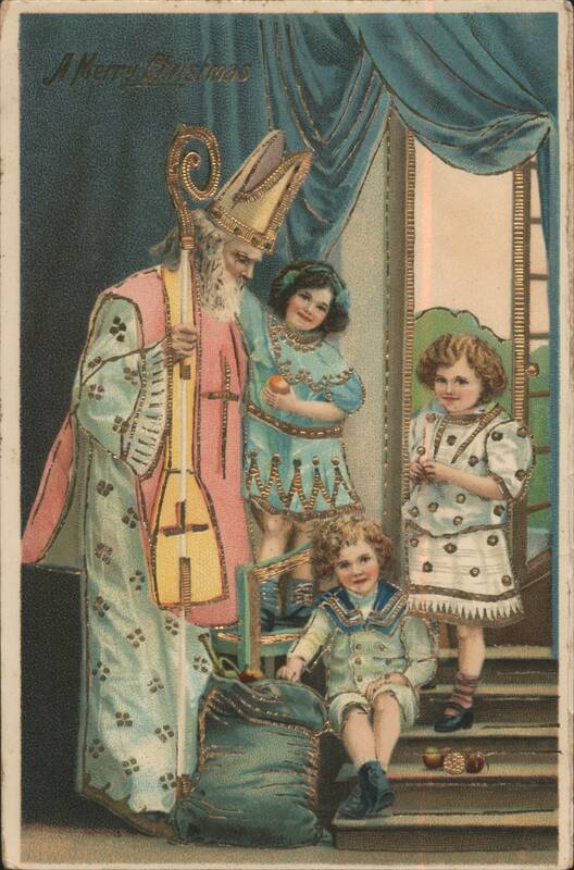 A Merry Christmas Saint Nicholas with Children and Gifts