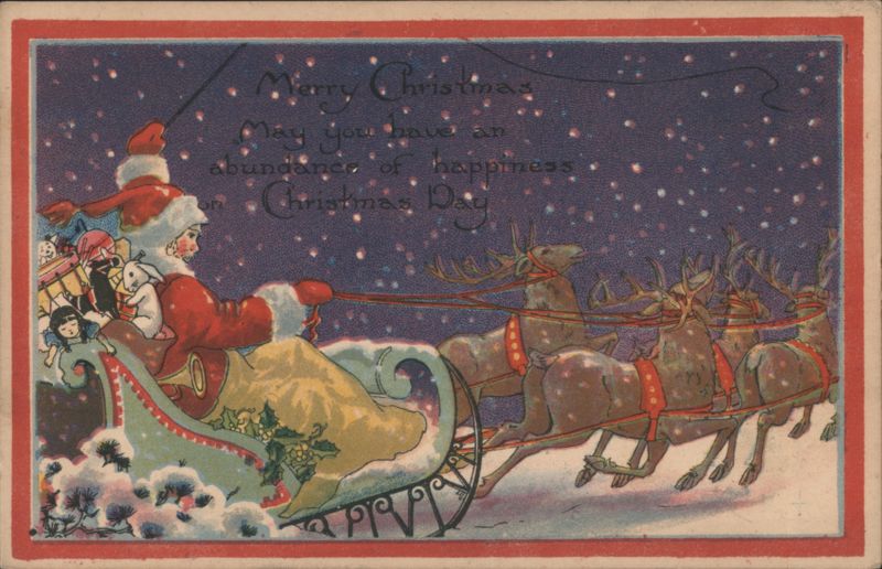 Santa Claus Sleigh Ride with Reindeer and Children on Christmas Night