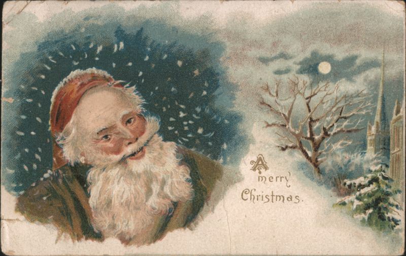 Santa Claus in Snowy Winter Scene with Church and Moon