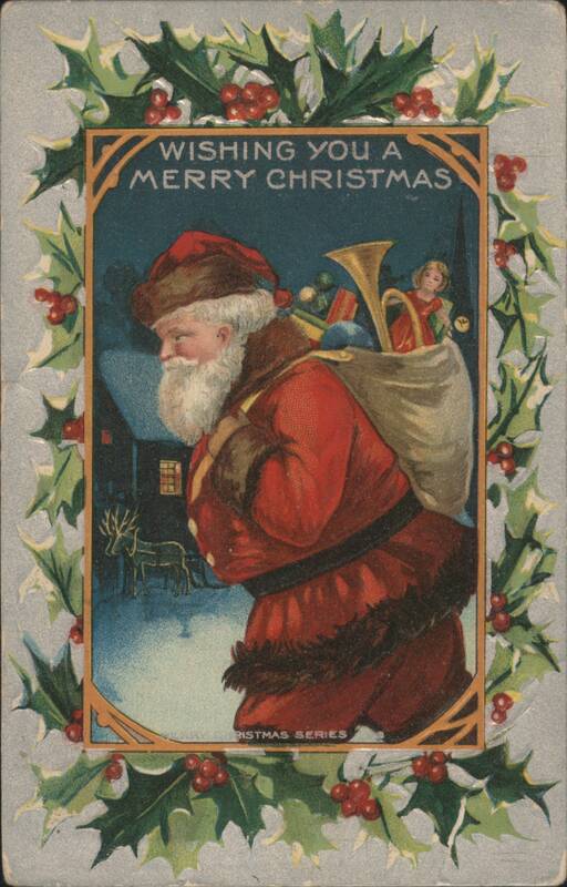 Santa Claus with Sack of Toys and Child, Wishing You a Merry Christmas
