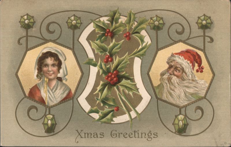 Christmas Greetings with Santa Claus, Woman, and Holly