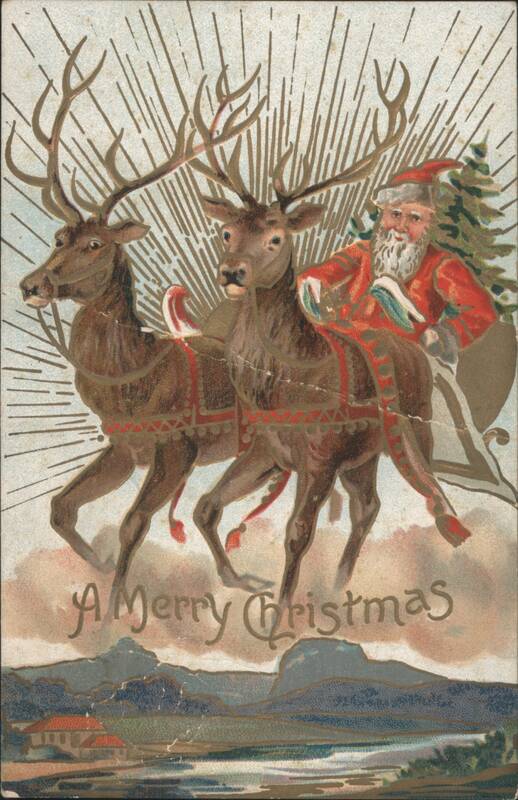 Santa Claus in Sleigh with Reindeer, A Merry Christmas