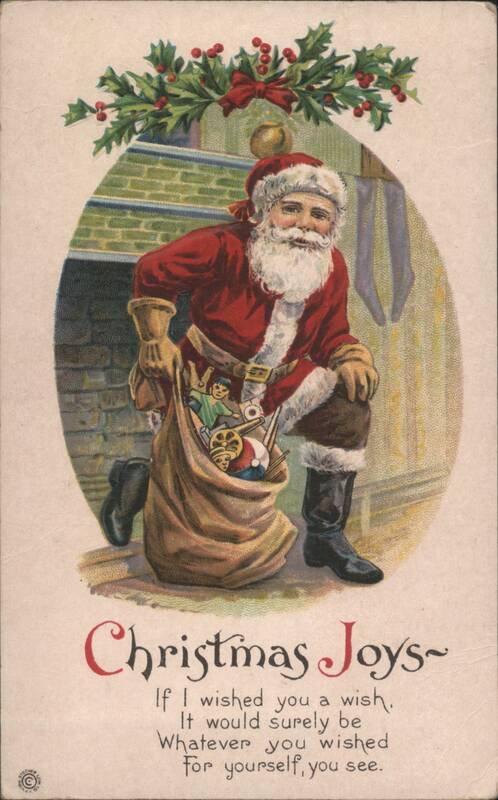 Santa Claus Pulling Toys from Sack, Christmas Joys Poem