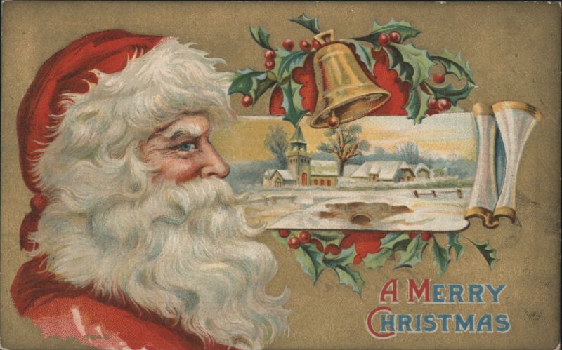 Santa Claus with Snowy Village Scene and Christmas Greetings