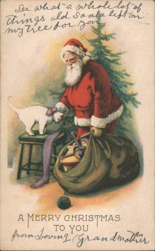 Santa Claus with a white cat and Christmas tree, pulling toys from a sack