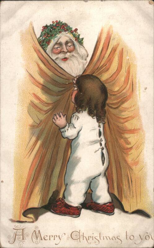 Santa Claus Peeking at Child in Pajamas, Christmas Greeting