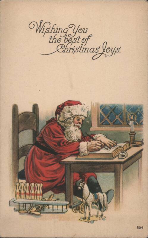 Santa Claus Writing in Book with Toys, Christmas Joys Greeting