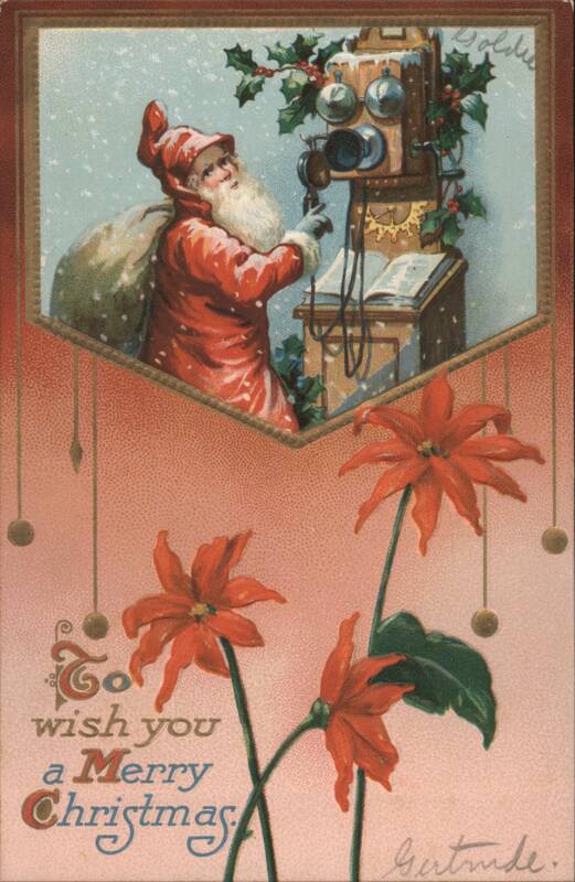 Santa Claus on Telephone with Poinsettias Christmas Greeting