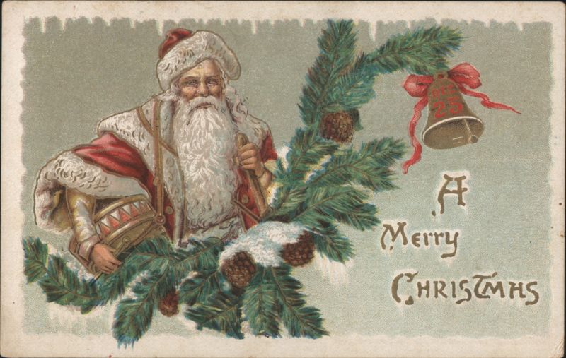 Santa Claus with Drum, Christmas Bell, and Pine Branches