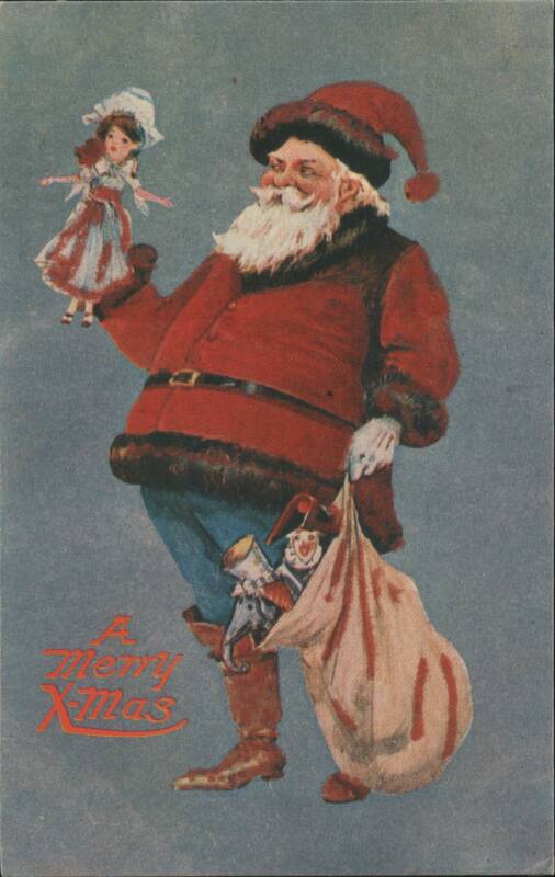 Santa Claus with Doll and Bag of Toys, A Merry X-Mas