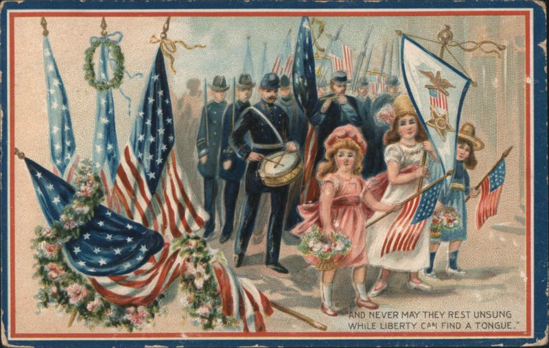 Patriotic Soldiers, Women & Children with American Flags, 'Liberty Can Find a Tongue'
