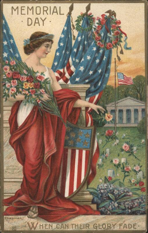 Memorial Day Woman with Flags, Flowers & Cemetery Chapman