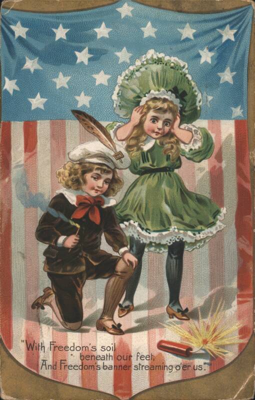 Patriotic Children with US Flag & Fireworks, 4th of July