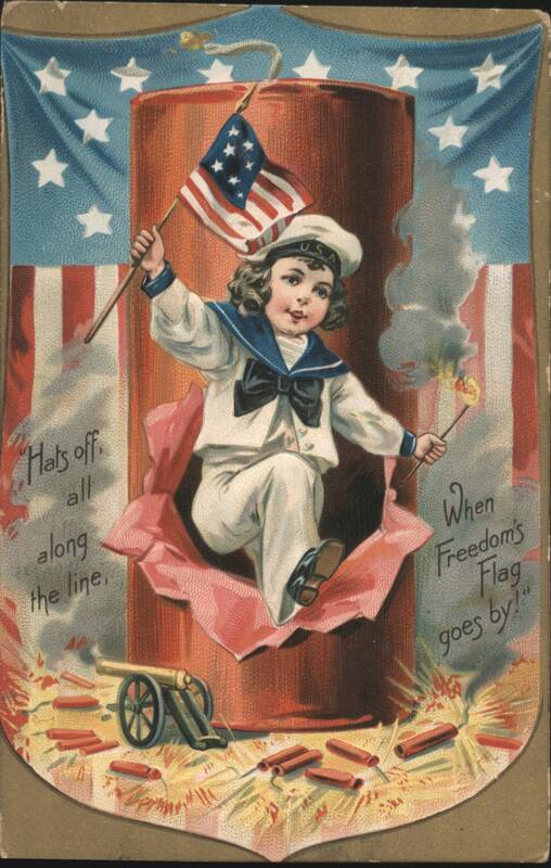 4th of July Child in Sailor Suit with American Flag and Firecracker
