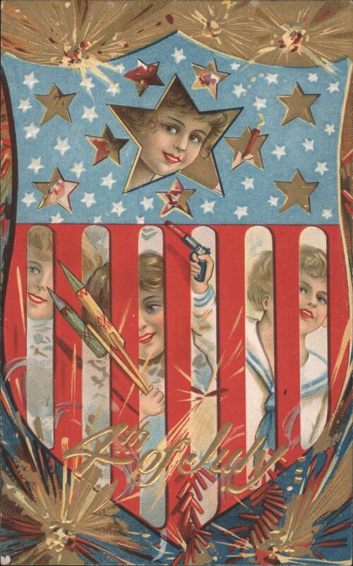 4th of July Shield with Children, Stars, Stripes & Fireworks
