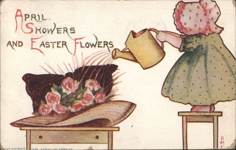 April Showers and Easter Flowers with Girl Watering Hat of Roses