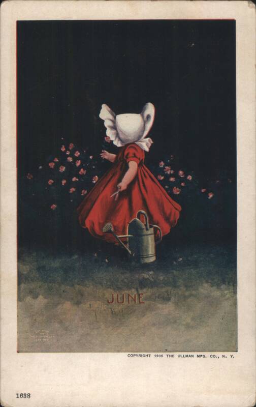 Girl in Red Dress Watering Flowers, June Sunbonnet Babies