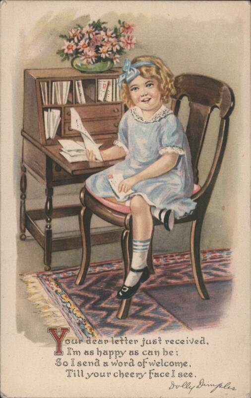 Dolly Dimples Girl Reading Letter at Desk with Flowers