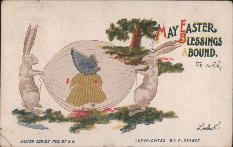 Easter Blessings with Bunnies and Child in Bonnet