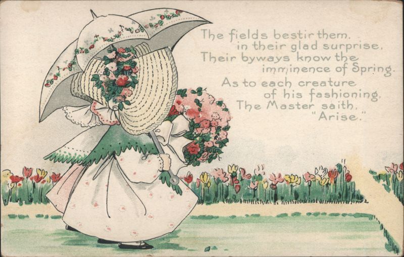 Girl with Umbrella and Flowers in Tulip Field, Spring Poem