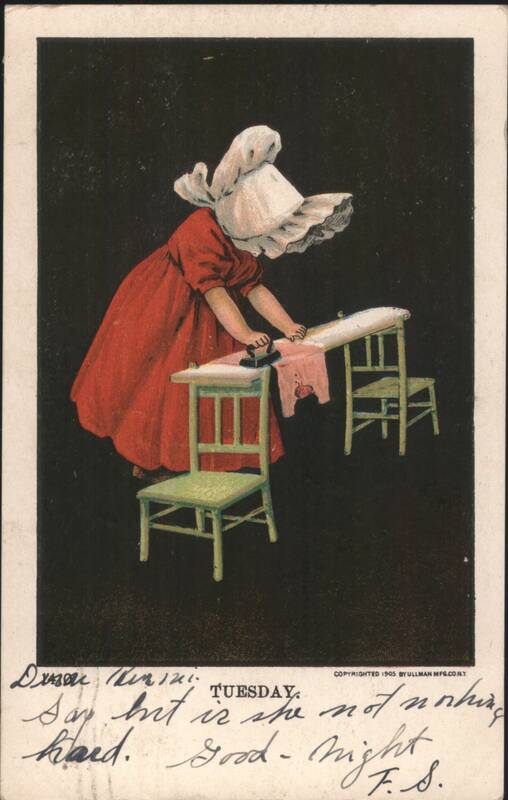 Girl in Red Dress Ironing on Tuesday Sunbonnet Babies