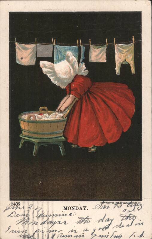 Woman in Red Dress Doing Laundry, Clothesline, Monday